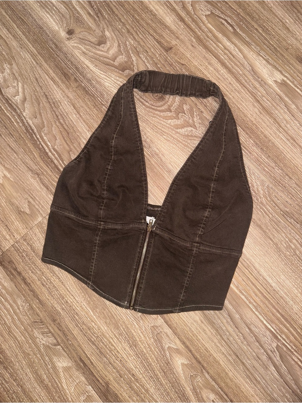 Windsor Dark Brown Halter Zip-Front Crop Top